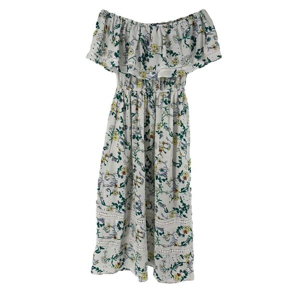 Off The Shoulder Midi Dress Ruffle White Green Floral Size 4 Pretty Little Thing - Picture 9 of 9